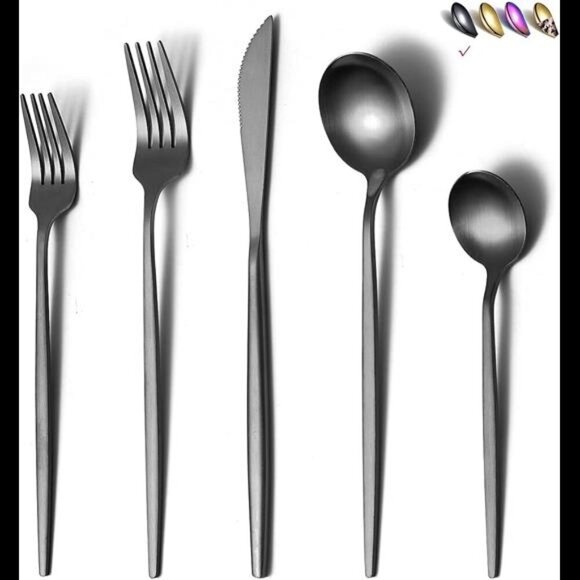 Matte Black Silverware Set 20 Pieces, Stainless Steel Flatware Set, Titanium - Picture 1 of 7